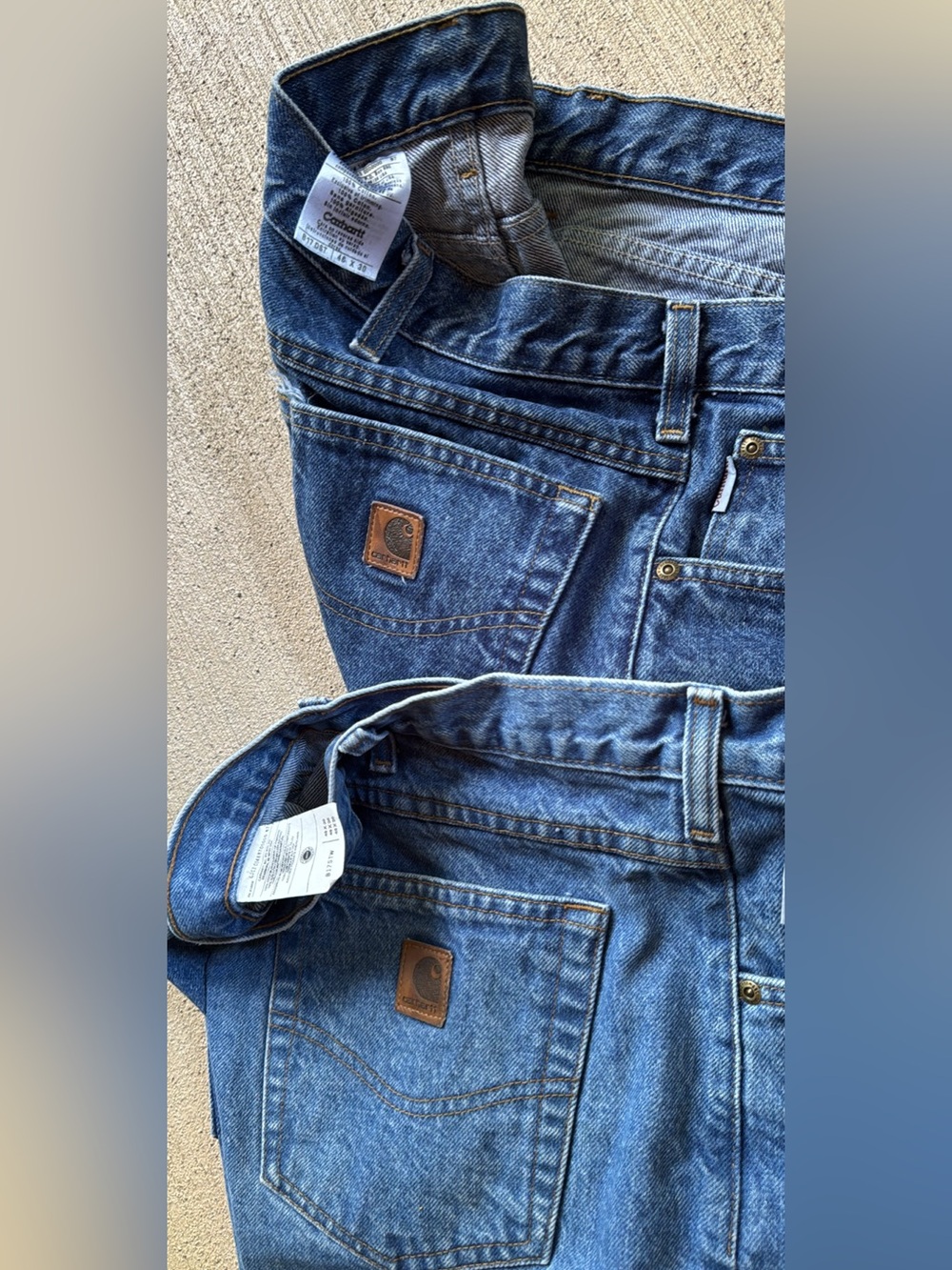 Carhartt Mens 46x30 Relaxed Fit Work Jeans with Leather Logo Patch. Lot of 2.